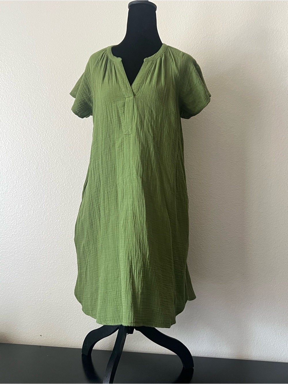 100% Cotton Olive Green Tunic Flutter Short Sleeve Woven Boho Spring XS Dress